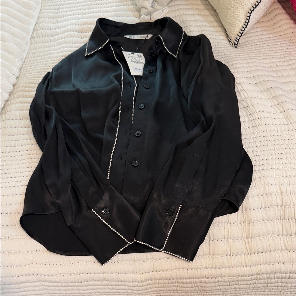 Zara Black Satin Button-Up Blouse with Rhinestone Trim